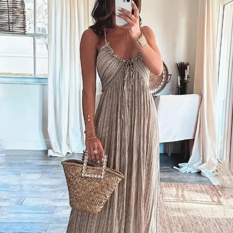 Melliflo Sexy Sleeveless Halter Dresses for Women V Neck Tie Back Maxi Dress Summer Backless Long Ruffle Sundress