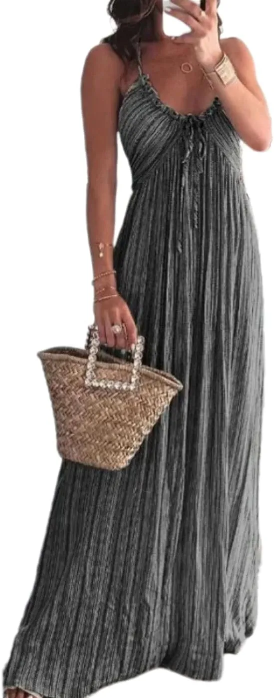 Melliflo Sexy Sleeveless Halter Dresses for Women V Neck Tie Back Maxi Dress Summer Backless Long Ruffle Sundress