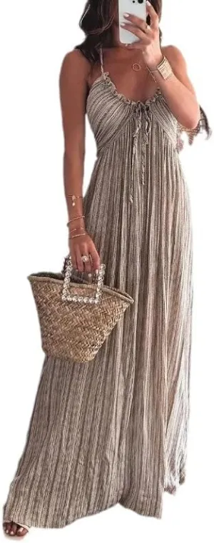 Melliflo Sexy Sleeveless Halter Dresses for Women V Neck Tie Back Maxi Dress Summer Backless Long Ruffle Sundress