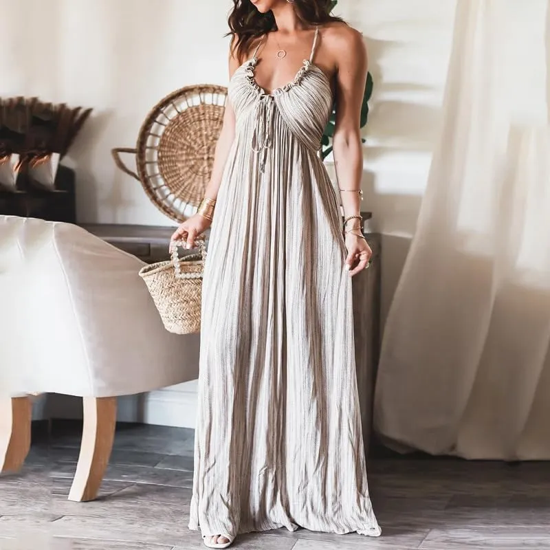 Melliflo Sexy Sleeveless Halter Dresses for Women V Neck Tie Back Maxi Dress Summer Backless Long Ruffle Sundress