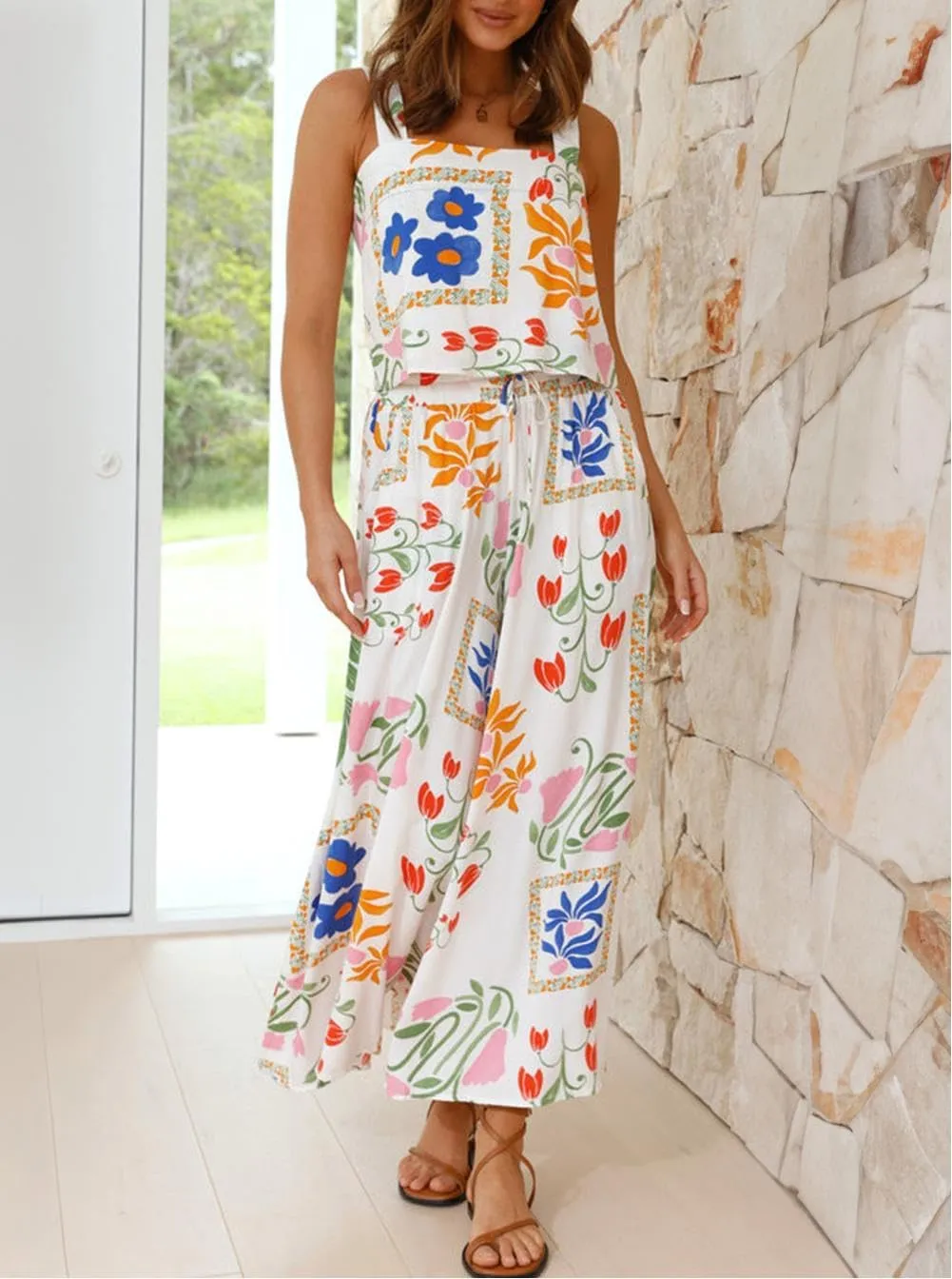 Melliflo Womens Boho Floral Y2k Summer 2 Piece Outfits Square Neck Tank Pants and Wide Leg Pants Set