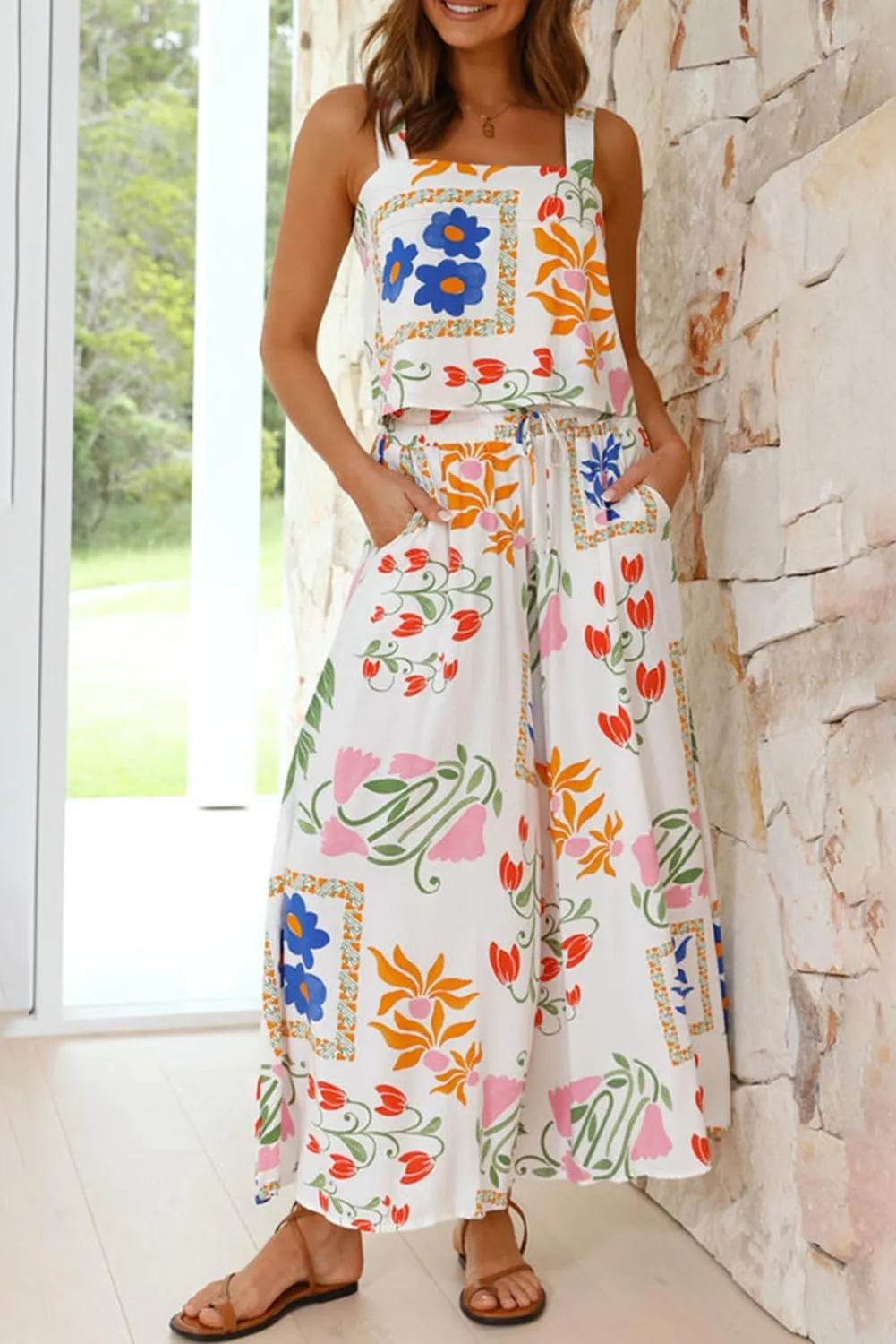 Melliflo Womens Boho Floral Y2k Summer 2 Piece Outfits Square Neck Tank Pants and Wide Leg Pants Set