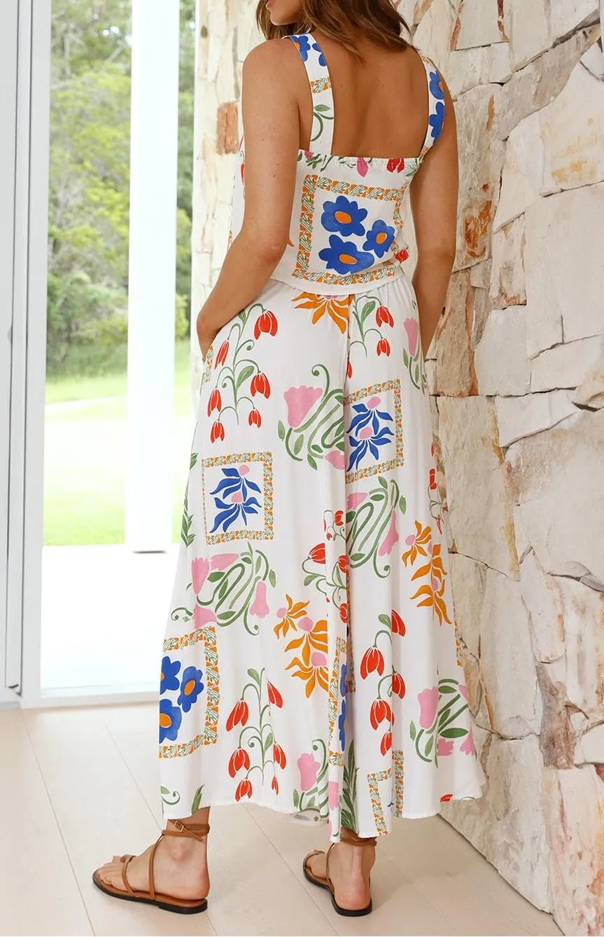Melliflo Womens Boho Floral Y2k Summer 2 Piece Outfits Square Neck Tank Pants and Wide Leg Pants Set