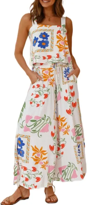 Melliflo Womens Boho Floral Y2k Summer 2 Piece Outfits Square Neck Tank Pants and Wide Leg Pants Set