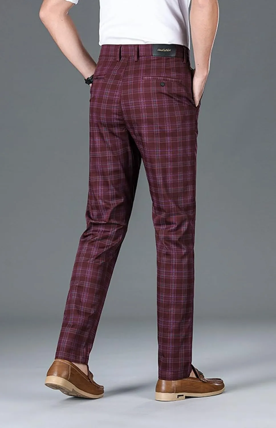 Mens Plaid Business Dress Pant  Mens Slim Fit Tapered Stretch Retro Chino Pants with Pockets for Casual Wear