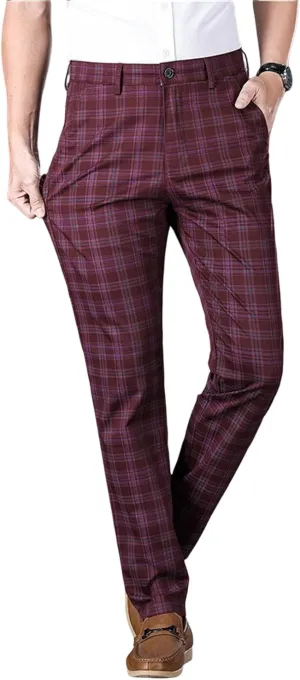 Mens Plaid Business Dress Pant  Mens Slim Fit Tapered Stretch Retro Chino Pants with Pockets for Casual Wear