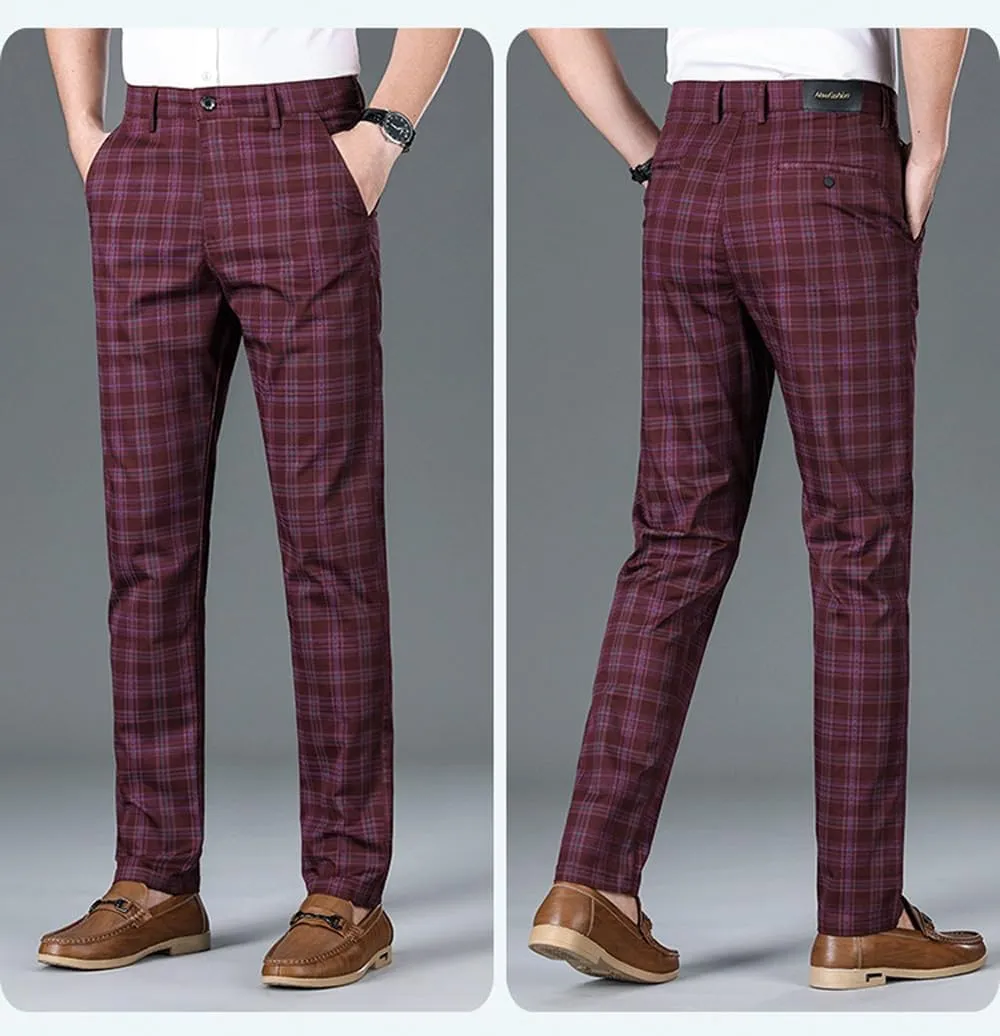 Mens Plaid Business Dress Pant  Mens Slim Fit Tapered Stretch Retro Chino Pants with Pockets for Casual Wear