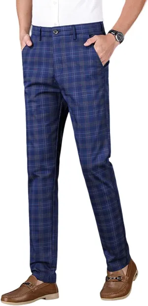 Mens Plaid Business Dress Pant  Mens Slim Fit Tapered Stretch Retro Chino Pants with Pockets for Casual Wear