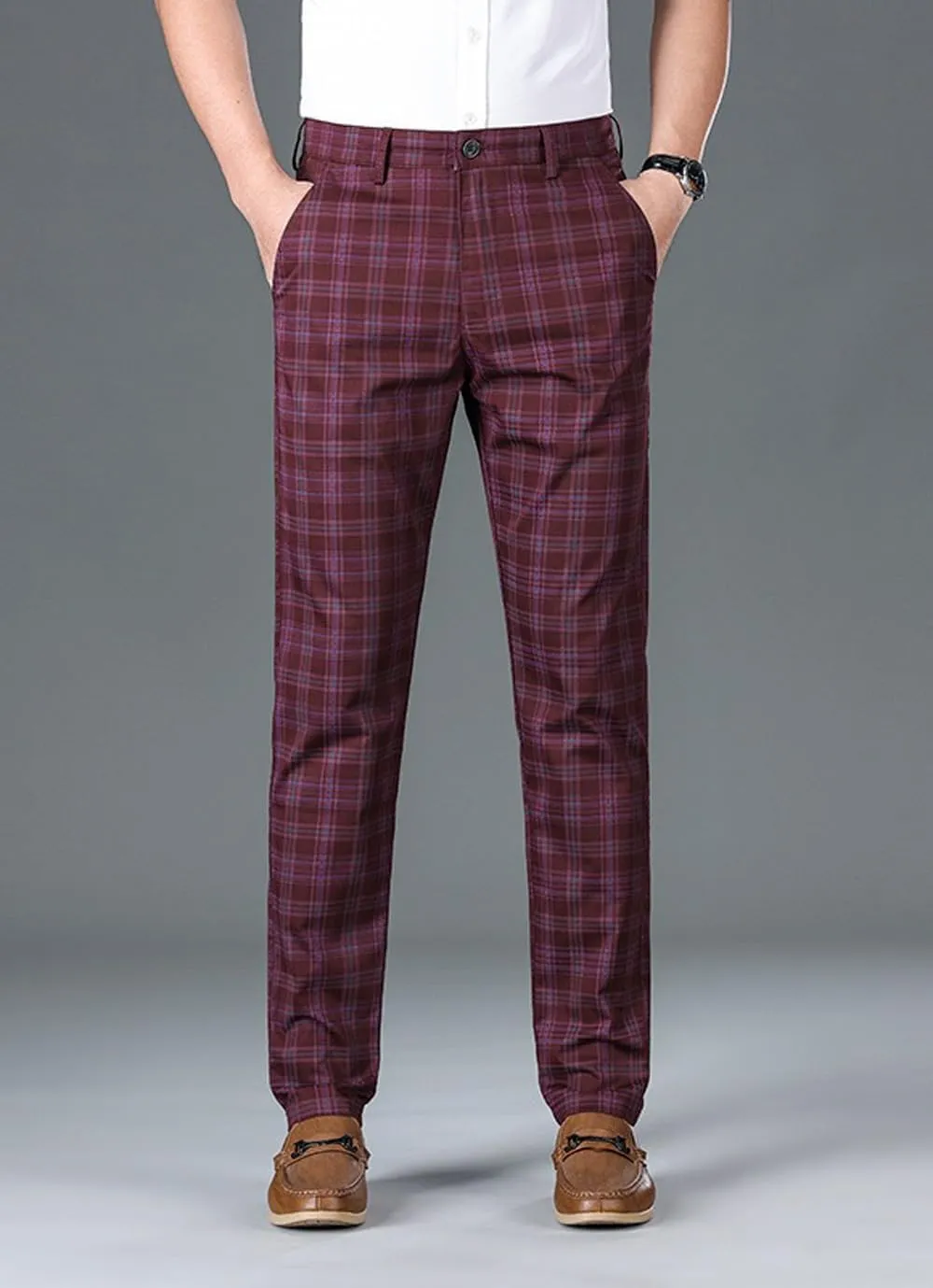 Mens Plaid Business Dress Pant  Mens Slim Fit Tapered Stretch Retro Chino Pants with Pockets for Casual Wear