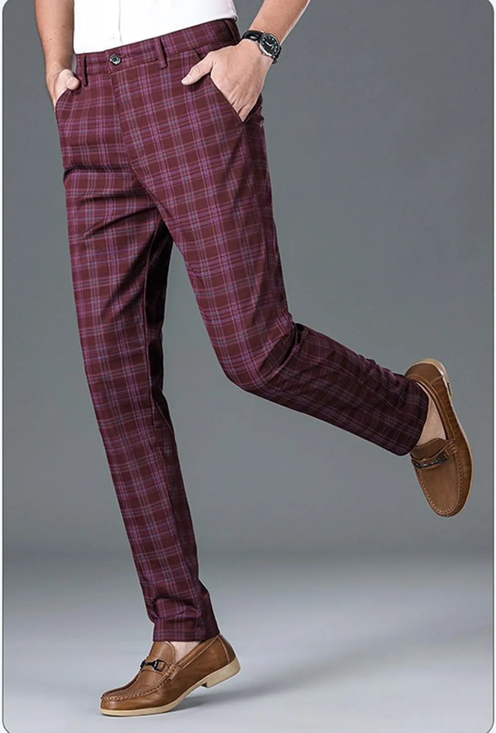 Mens Plaid Business Dress Pant  Mens Slim Fit Tapered Stretch Retro Chino Pants with Pockets for Casual Wear