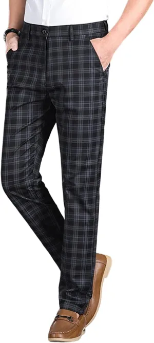 Mens Plaid Business Dress Pant  Mens Slim Fit Tapered Stretch Retro Chino Pants with Pockets for Casual Wear