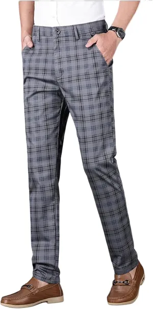 Mens Plaid Business Dress Pant  Mens Slim Fit Tapered Stretch Retro Chino Pants with Pockets for Casual Wear