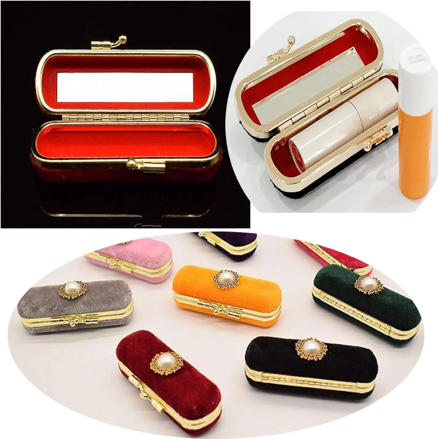 MIAO JIN Lipstick case with mirror Lipstick case Storage case Mini portable Pearl Decoration Soft jewelry case cosmetic case (Grey)