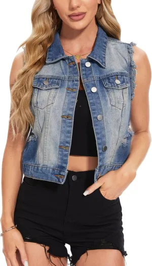 MISS MOLY Women's Cropped Distressed Ripped Denim Vest Classic Sleeveless Jean Vest Jackets With Flap Pockets
