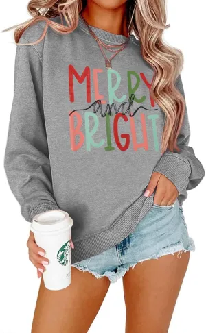 MOUSYA Oversized Christmas Pullovers Women Merry Bright Colorful Letter Printed Sweatshirt Christmas Long Sleeve Sweatshirt