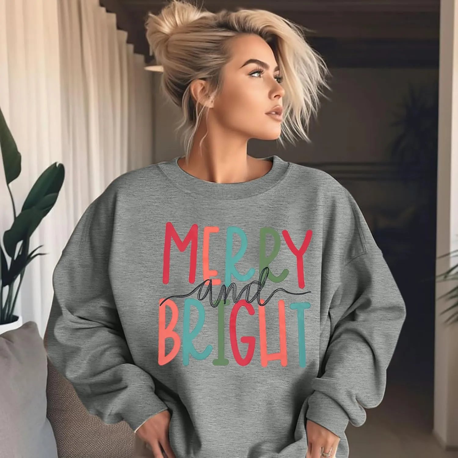 MOUSYA Oversized Christmas Pullovers Women Merry Bright Colorful Letter Printed Sweatshirt Christmas Long Sleeve Sweatshirt