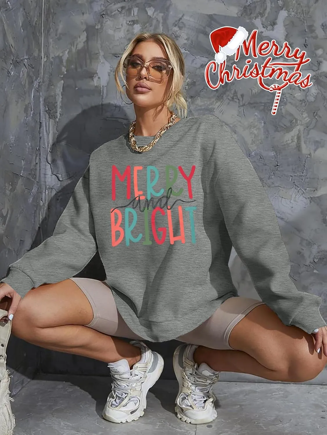 MOUSYA Oversized Christmas Pullovers Women Merry Bright Colorful Letter Printed Sweatshirt Christmas Long Sleeve Sweatshirt