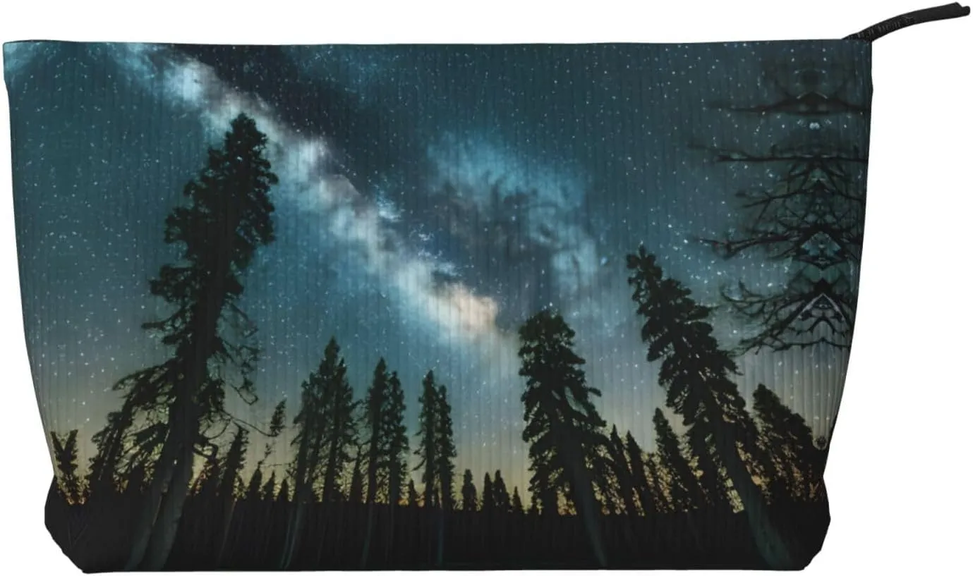 Night Sky with Trees Versatile Corduroy Makeup Bag - Toiletry Organizer for Makeup Accessories and Short-distance Travel