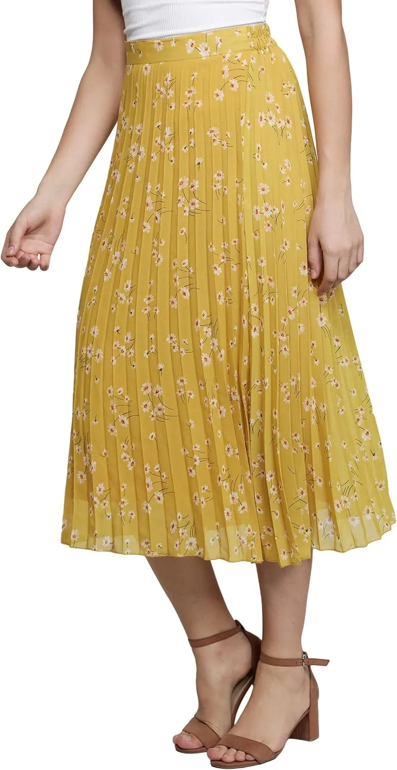 NUEVOSDAMAS Women's Ditsy Floral Print High Waist Skirt Pleated A-line Long Skirt Beach Elasticated Midi Skirt