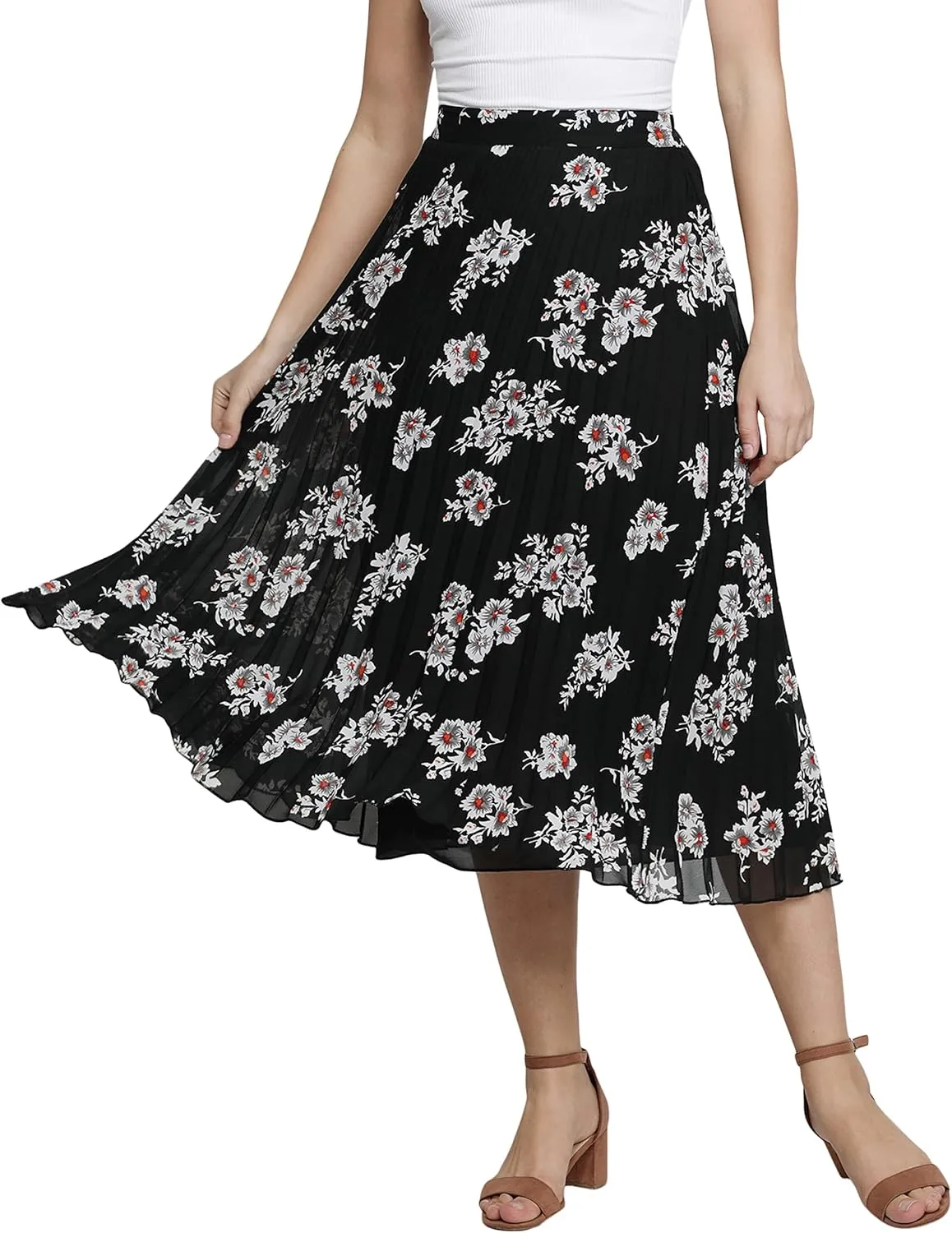NUEVOSDAMAS Women's Ditsy Floral Print High Waist Skirt Pleated A-line Long Skirt Beach Elasticated Midi Skirt