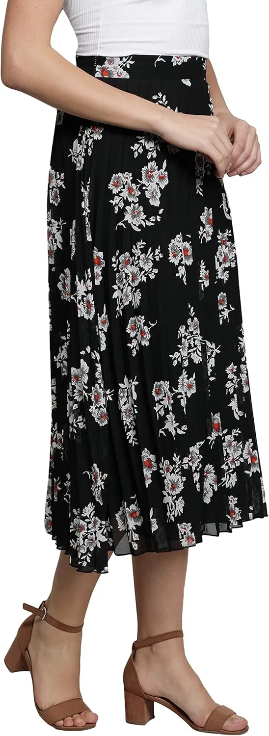 NUEVOSDAMAS Women's Ditsy Floral Print High Waist Skirt Pleated A-line Long Skirt Beach Elasticated Midi Skirt