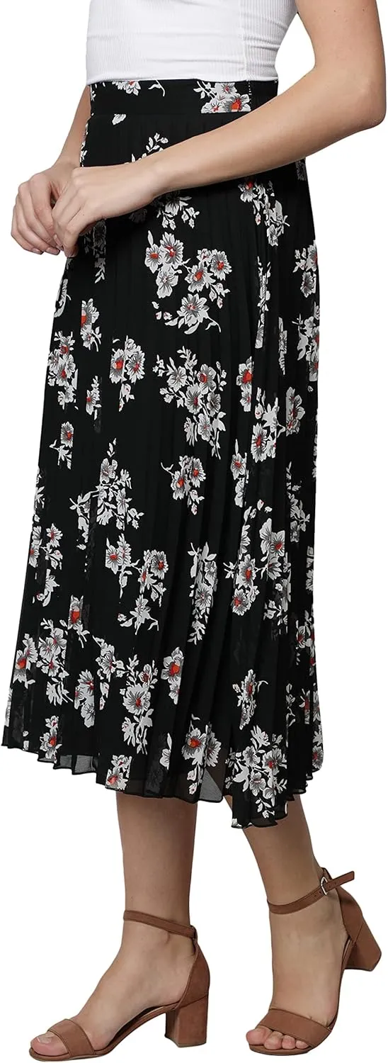 NUEVOSDAMAS Women's Ditsy Floral Print High Waist Skirt Pleated A-line Long Skirt Beach Elasticated Midi Skirt