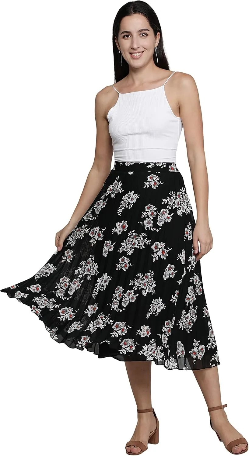 NUEVOSDAMAS Women's Ditsy Floral Print High Waist Skirt Pleated A-line Long Skirt Beach Elasticated Midi Skirt