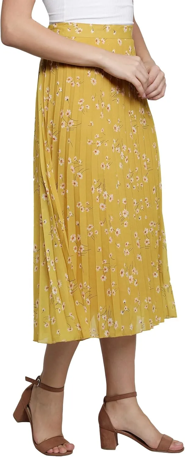 NUEVOSDAMAS Women's Ditsy Floral Print High Waist Skirt Pleated A-line Long Skirt Beach Elasticated Midi Skirt