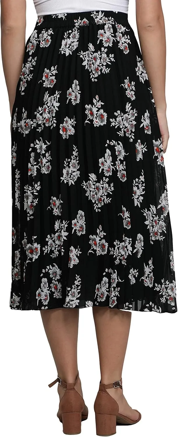 NUEVOSDAMAS Women's Ditsy Floral Print High Waist Skirt Pleated A-line Long Skirt Beach Elasticated Midi Skirt