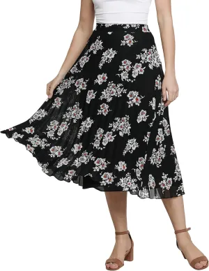 NUEVOSDAMAS Women's Ditsy Floral Print High Waist Skirt Pleated A-line Long Skirt Beach Elasticated Midi Skirt