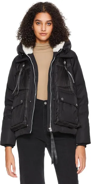 Orolay Women's Cropped Puffer Jacket - Patchwork Designed Down Coat Stand Collar Hooded Outerwear with Pockets