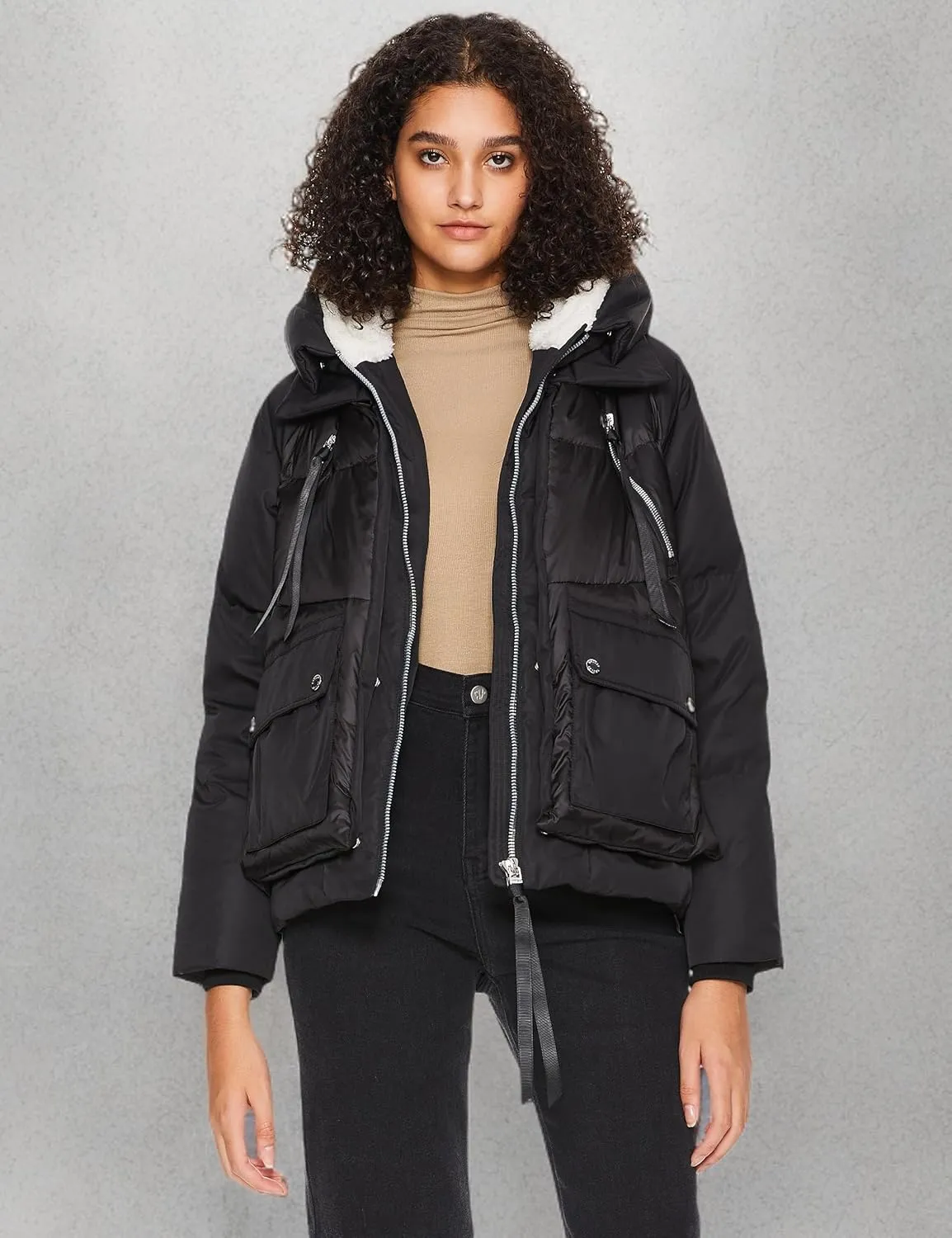 Orolay Women's Cropped Puffer Jacket - Patchwork Designed Down Coat Stand Collar Hooded Outerwear with Pockets