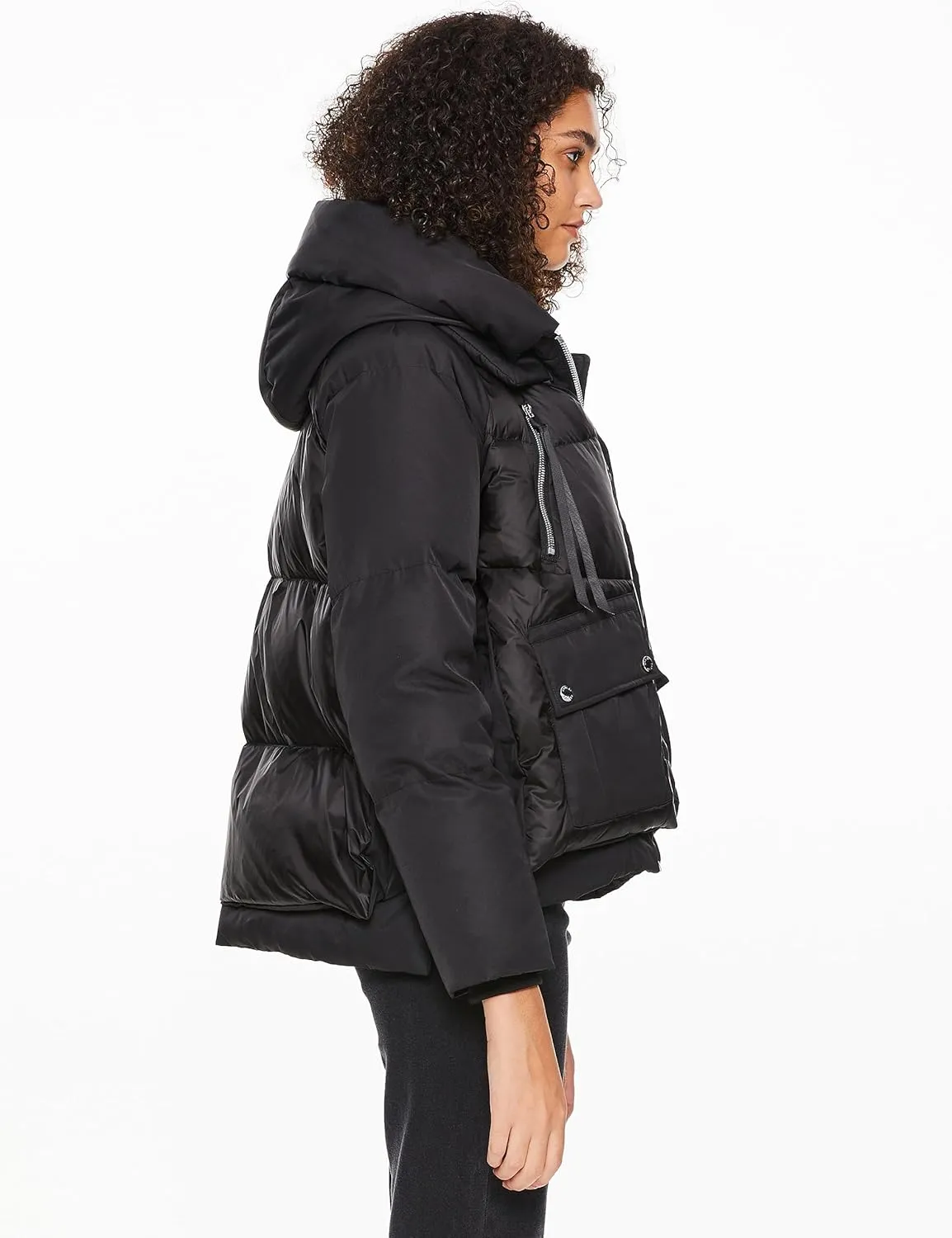 Orolay Women's Cropped Puffer Jacket - Patchwork Designed Down Coat Stand Collar Hooded Outerwear with Pockets