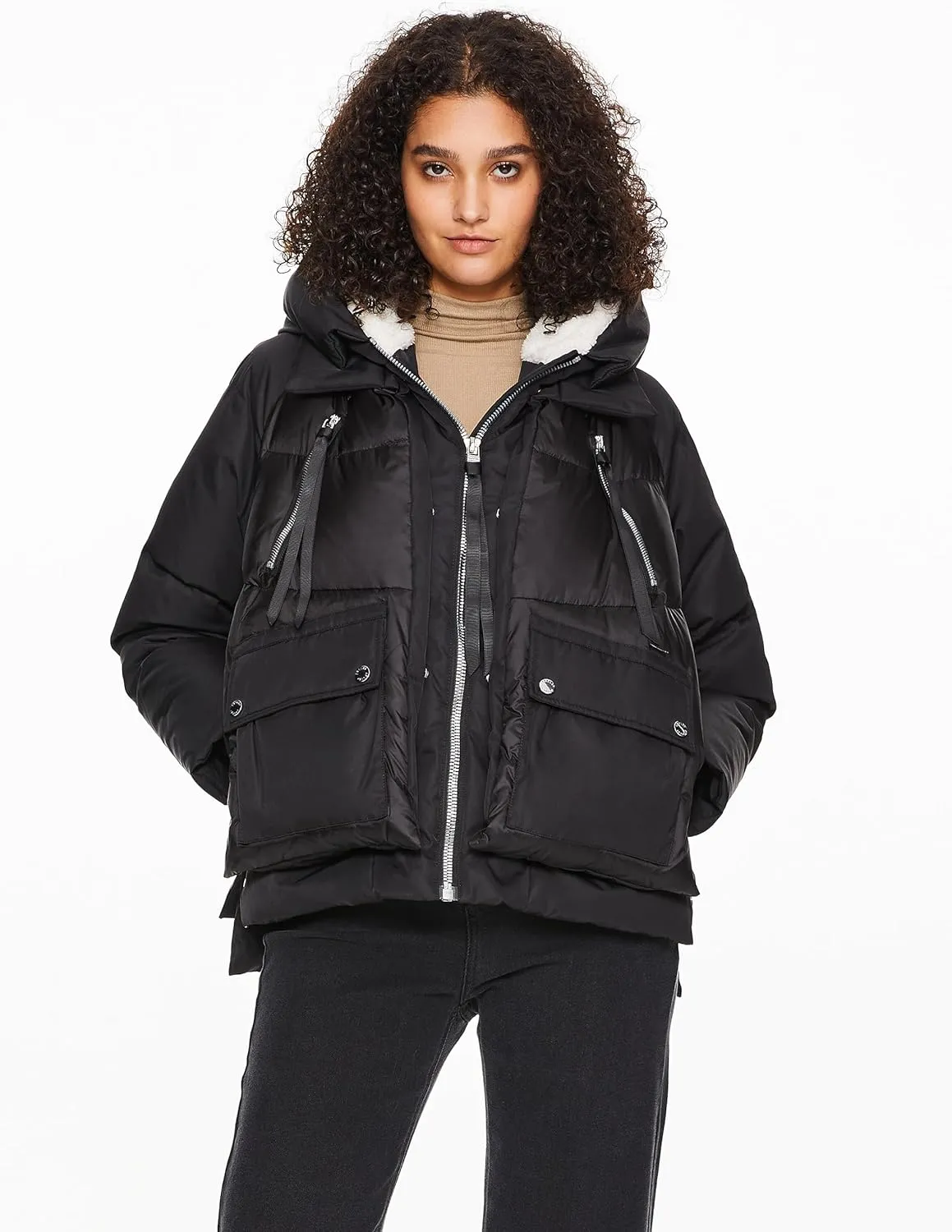 Orolay Women's Cropped Puffer Jacket - Patchwork Designed Down Coat Stand Collar Hooded Outerwear with Pockets