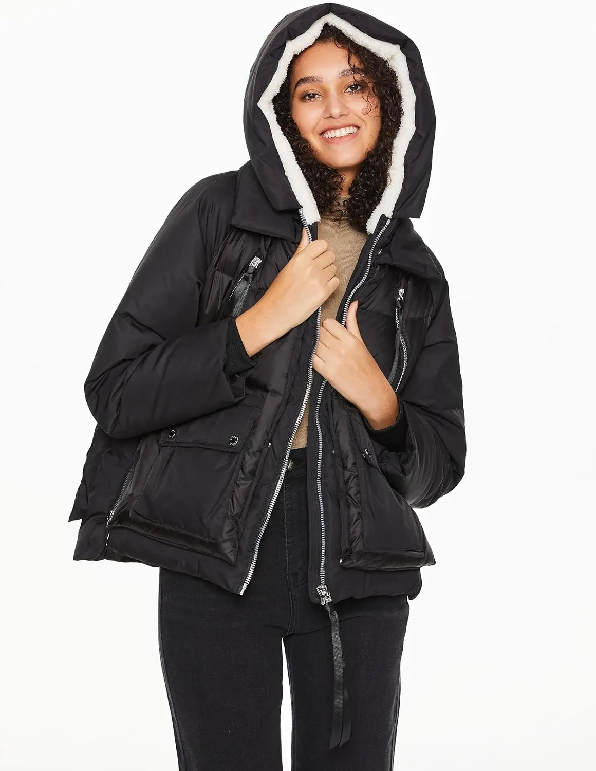 Orolay Women's Cropped Puffer Jacket - Patchwork Designed Down Coat Stand Collar Hooded Outerwear with Pockets