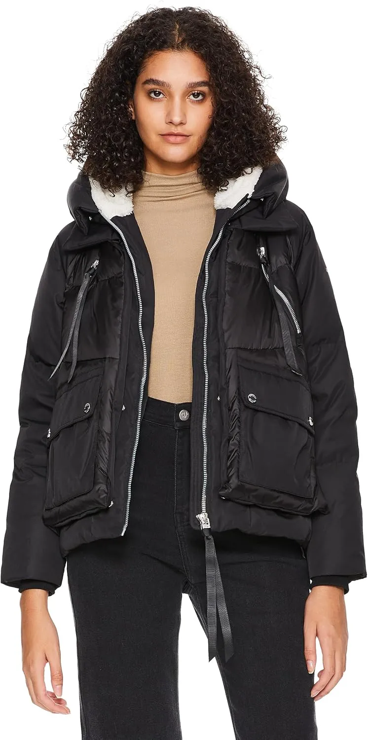 Orolay Women's Cropped Puffer Jacket - Patchwork Designed Down Coat Stand Collar Hooded Outerwear with Pockets