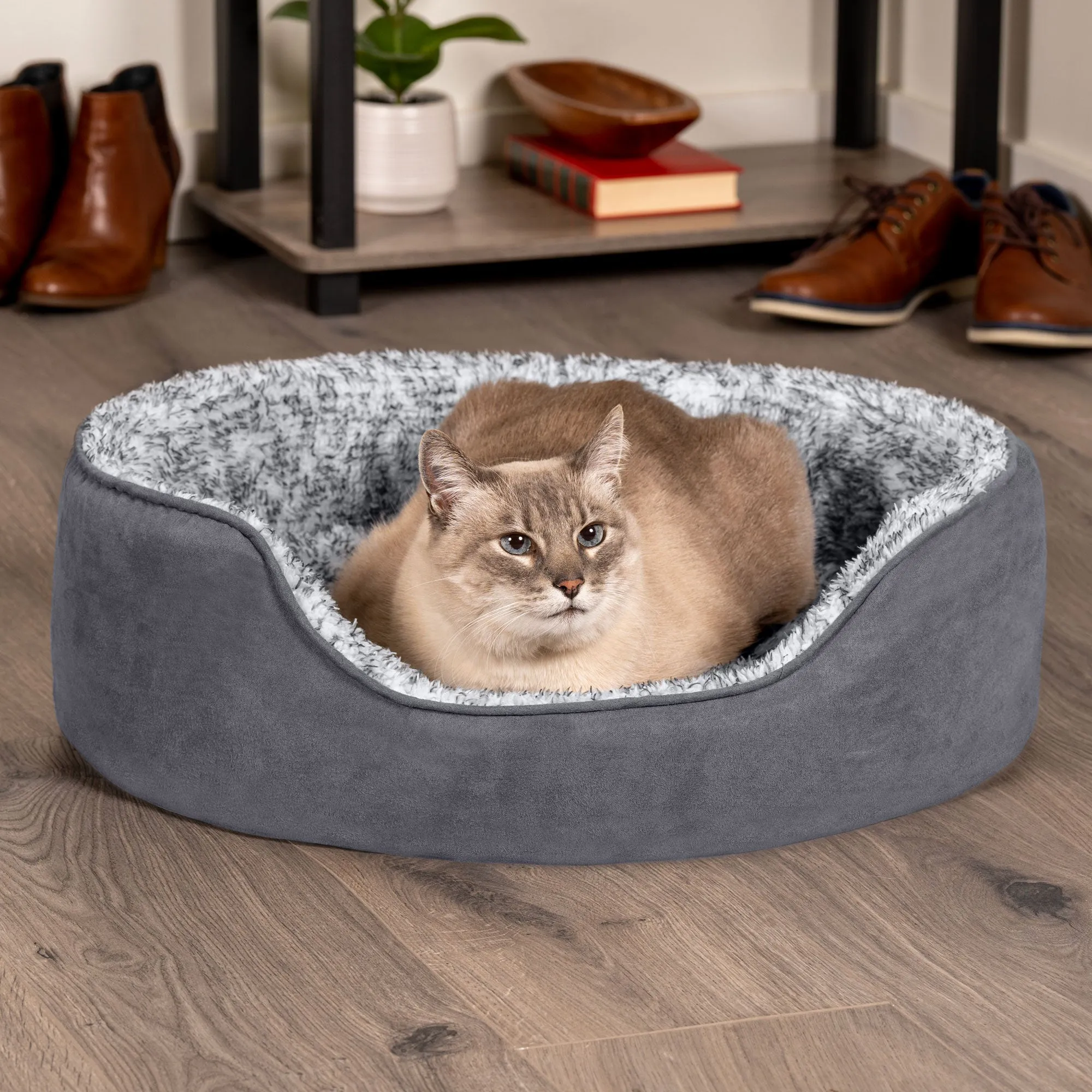 Oval Dog Bed - Two-Tone Faux Fur & Suede