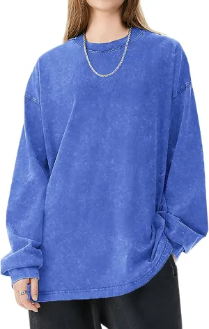 Oversized Tshirts for Women Heavy Cotton Acid Wash Vintage Unisex Long Sleeve Casual Loose Solid Basic Tee Tops