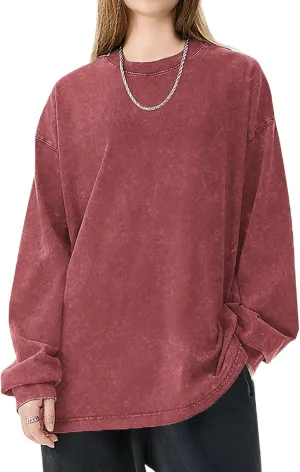 Oversized Tshirts for Women Heavy Cotton Acid Wash Vintage Unisex Long Sleeve Casual Loose Solid Basic Tee Tops