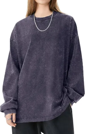 Oversized Tshirts for Women Heavy Cotton Acid Wash Vintage Unisex Long Sleeve Casual Loose Solid Basic Tee Tops