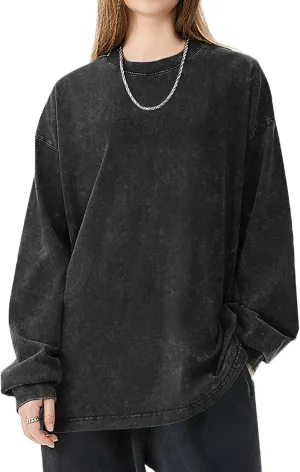 Oversized Tshirts for Women Heavy Cotton Acid Wash Vintage Unisex Long Sleeve Casual Loose Solid Basic Tee Tops