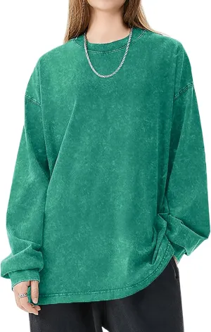 Oversized Tshirts for Women Heavy Cotton Acid Wash Vintage Unisex Long Sleeve Casual Loose Solid Basic Tee Tops