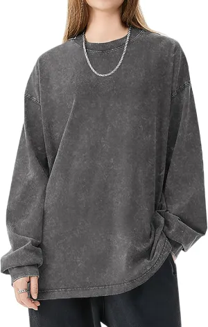 Oversized Tshirts for Women Heavy Cotton Acid Wash Vintage Unisex Long Sleeve Casual Loose Solid Basic Tee Tops