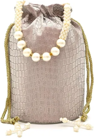 Pearl Beaded Drawstring Potli Bag  Handmade Embellished Pouch for Women  Party, Wedding, Festive Use  Elegant Clutch Style Gift Bag(Beige)