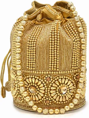 Pearl Beaded Drawstring Potli Bag  Handmade Embellished Pouch for Women  Party, Wedding, Festive Use  Elegant Clutch Style Gift Bag(Giolden)