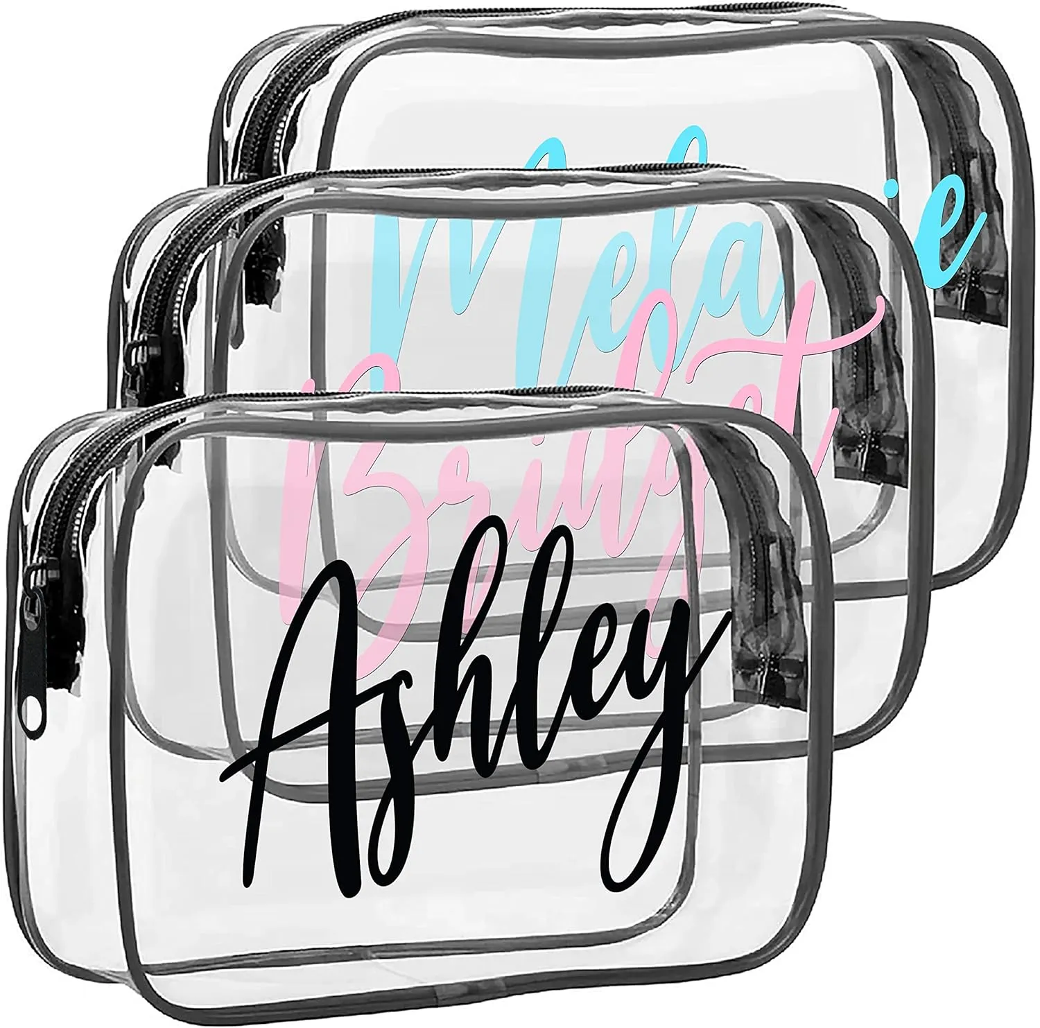 Personalized Clear Toiletry Bags Customized Waterproof Easy Security Access Cosmetic Case With Zipper Clouser Font & Color options