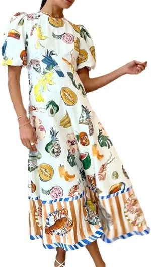 Personalized Fashion Graffiti Printed Slim fit Versatile Dress for Women, Casual Printed Long Skirt, Big Swing Dress