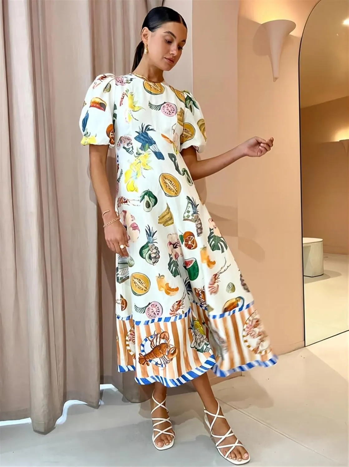 Personalized Fashion Graffiti Printed Slim fit Versatile Dress for Women, Casual Printed Long Skirt, Big Swing Dress