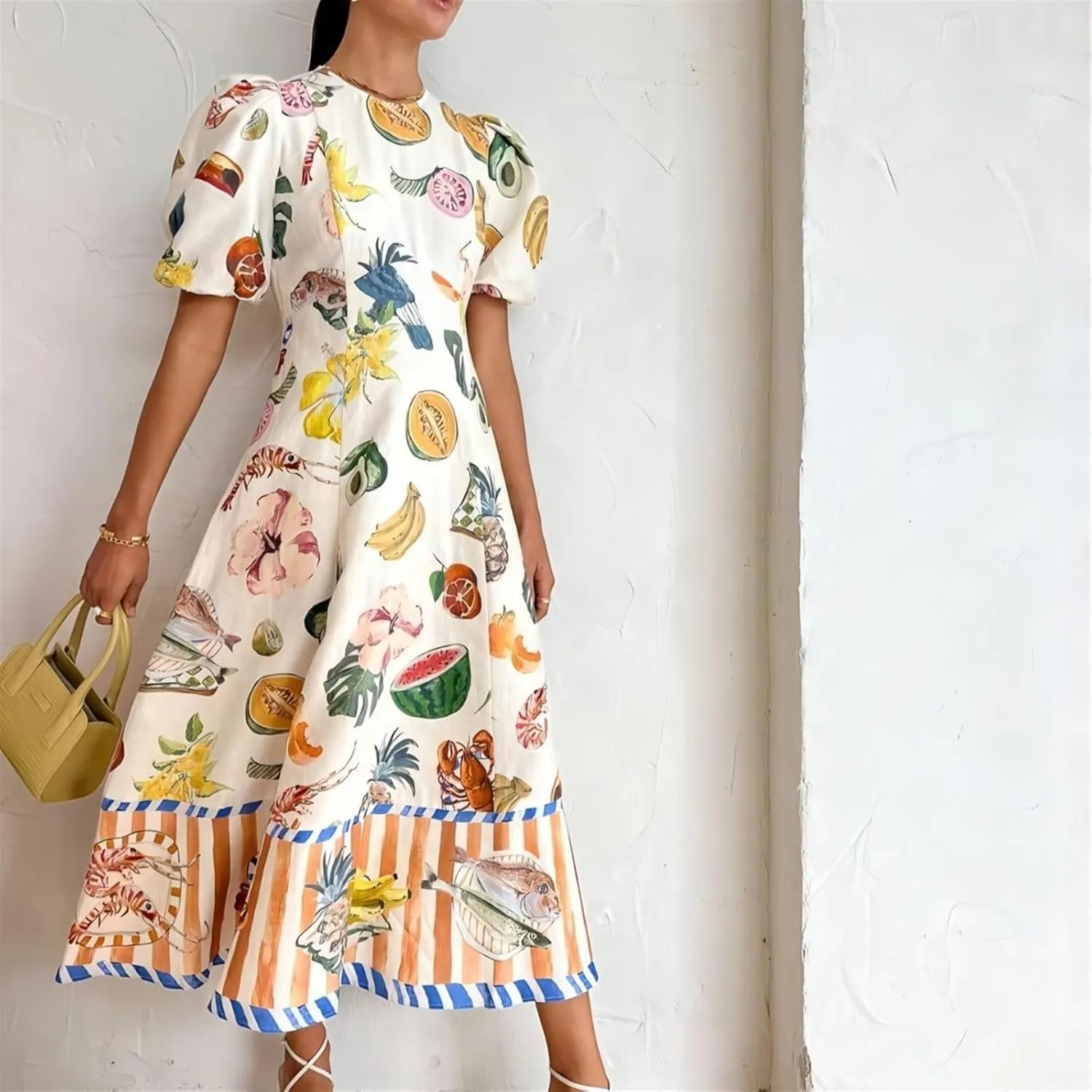 Personalized Fashion Graffiti Printed Slim fit Versatile Dress for Women, Casual Printed Long Skirt, Big Swing Dress