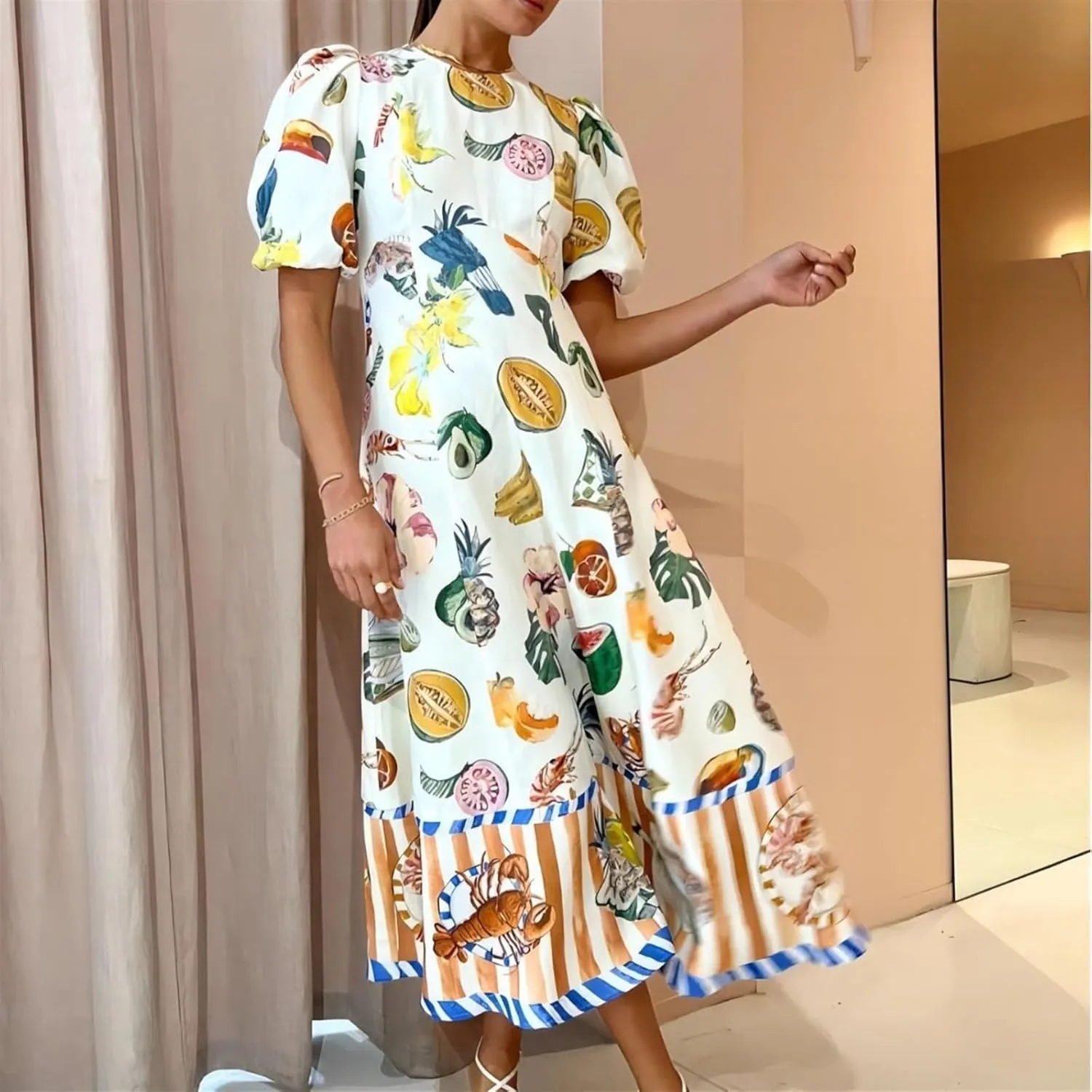 Personalized Fashion Graffiti Printed Slim fit Versatile Dress for Women, Casual Printed Long Skirt, Big Swing Dress